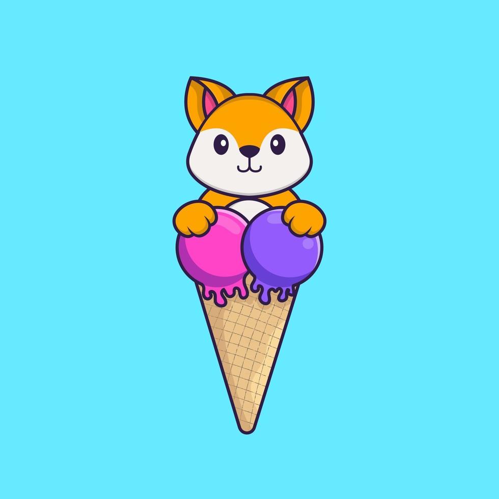 Cute fox with sweet ice cream. Animal cartoon concept isolated. Can used for t-shirt, greeting card, invitation card or mascot. Flat Cartoon Style vector