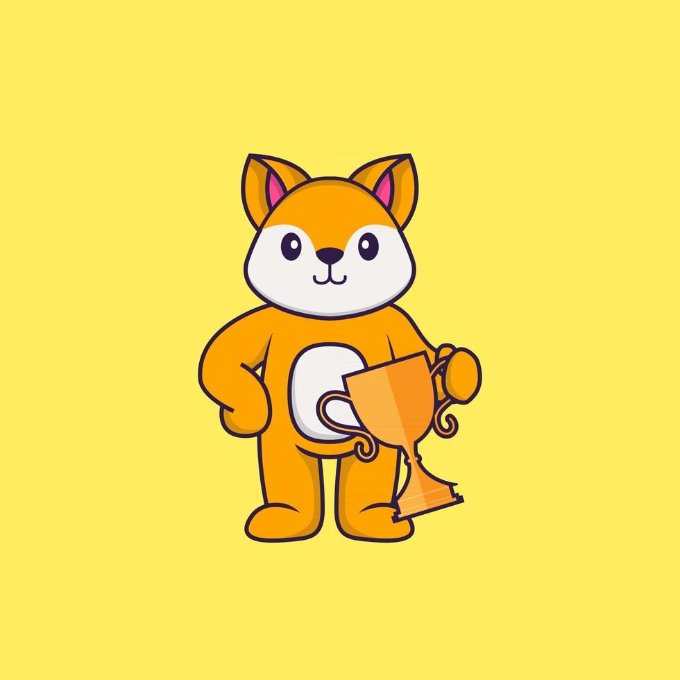 Cute fox holding gold trophy. Animal cartoon concept isolated. Can used for t-shirt, greeting card, invitation card or mascot. Flat Cartoon Style vector