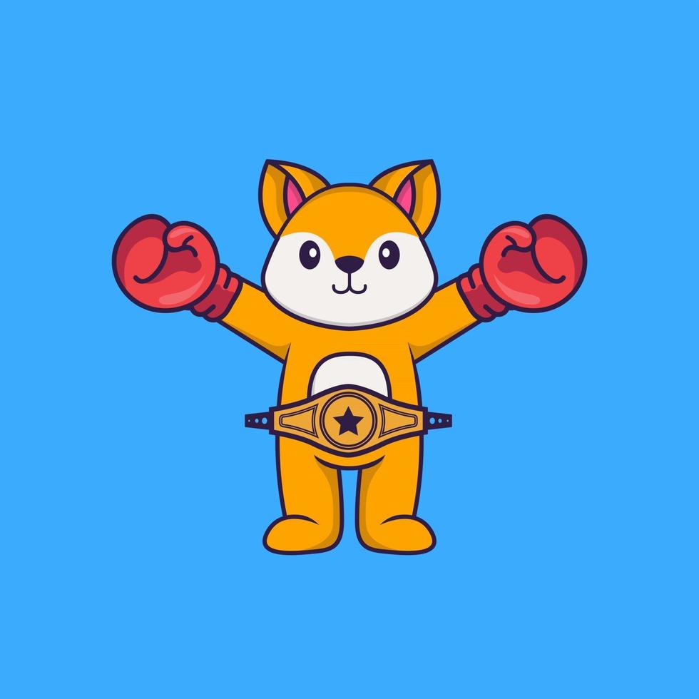 Cute fox in boxer costume with champion belt. Animal cartoon concept isolated. Can used for t-shirt, greeting card, invitation card or mascot. Flat Cartoon Style vector