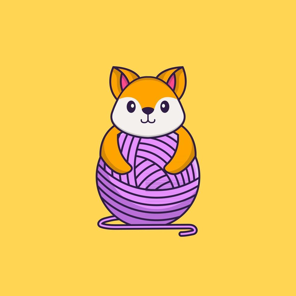 Cute fox playing with wool yarn. Animal cartoon concept isolated. Can used for t-shirt, greeting card, invitation card or mascot. Flat Cartoon Style vector