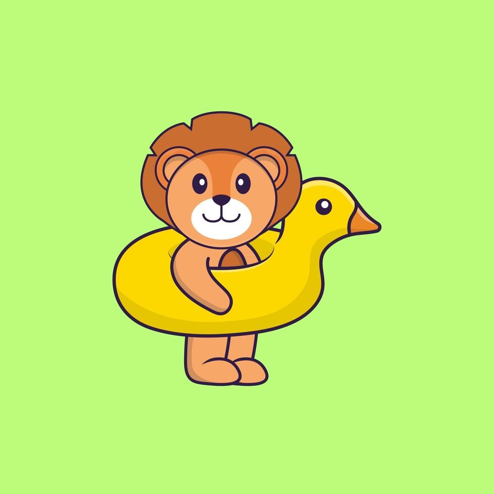 Cute lion With Duck buoy. Animal cartoon concept isolated. Can used for t-shirt, greeting card, invitation card or mascot. Flat Cartoon Style vector