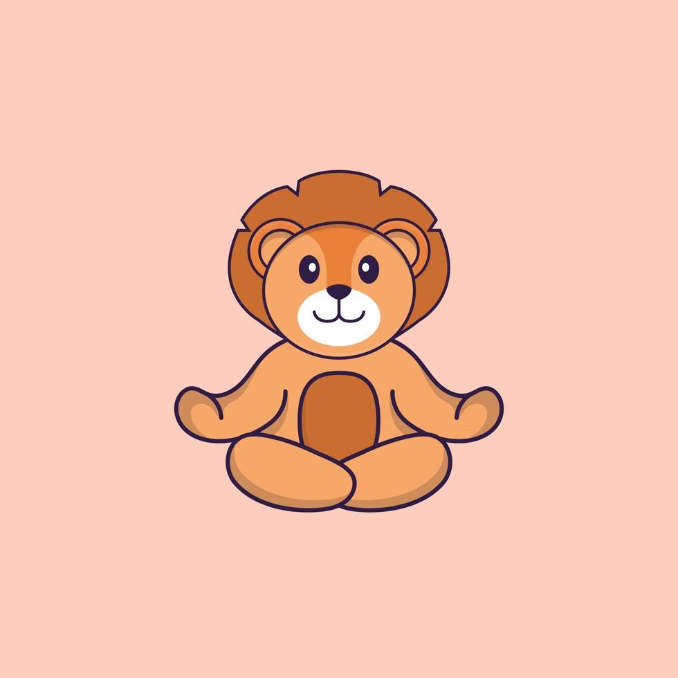 Cute lion is meditating or doing yoga. Animal cartoon concept isolated. Can used for t-shirt, greeting card, invitation card or mascot. Flat Cartoon Style vector