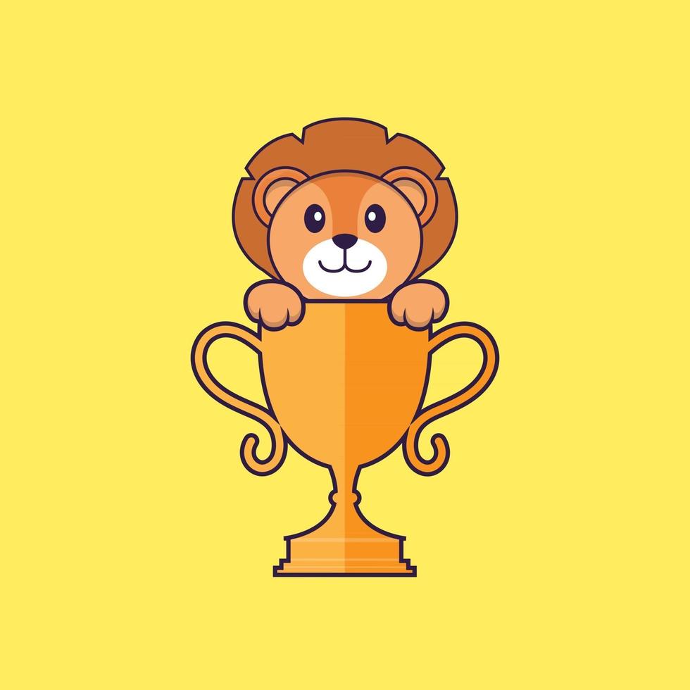 Cute lion with gold trophy. Animal cartoon concept isolated. Can used for t-shirt, greeting card, invitation card or mascot. Flat Cartoon Style vector