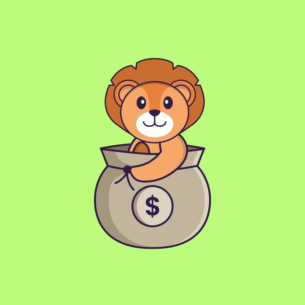 Cute lion in a money bag. Animal cartoon concept isolated. Can used for t-shirt, greeting card, invitation card or mascot. Flat Cartoon Style vector