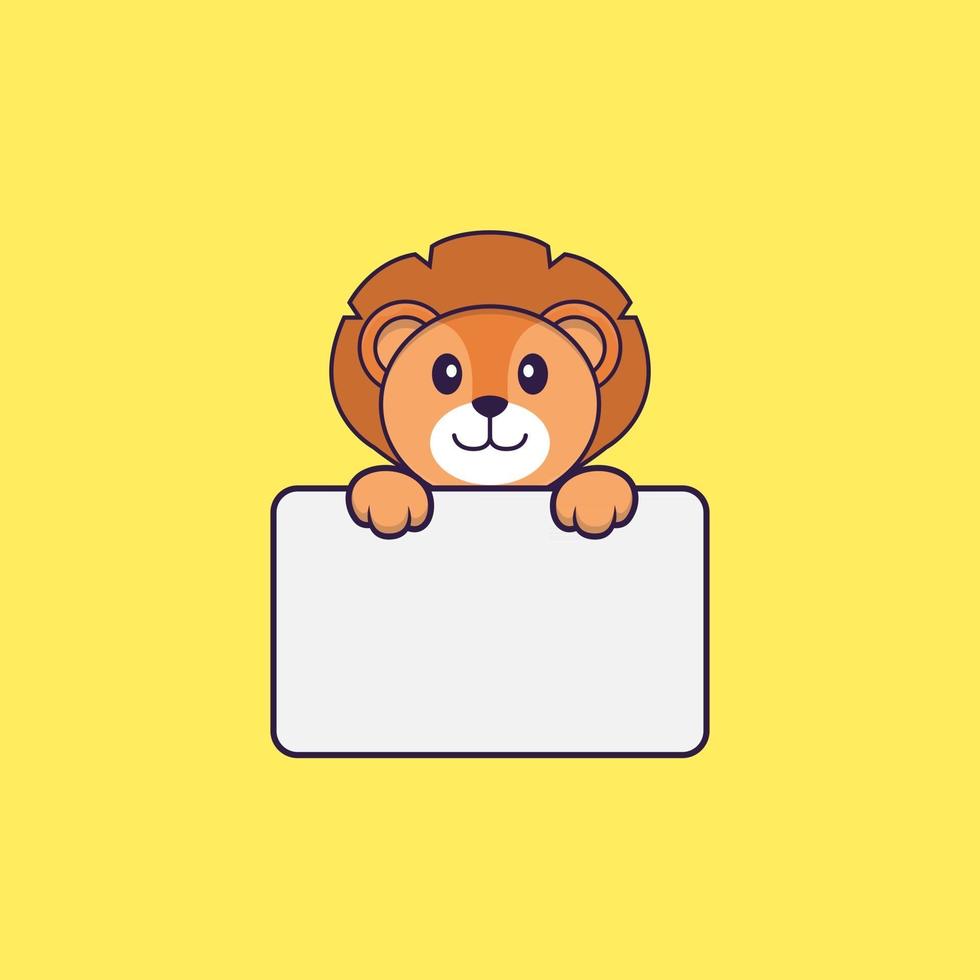 Cute lion holding whiteboard. Animal cartoon concept isolated. Can used for t-shirt, greeting card, invitation card or mascot. Flat Cartoon Style vector