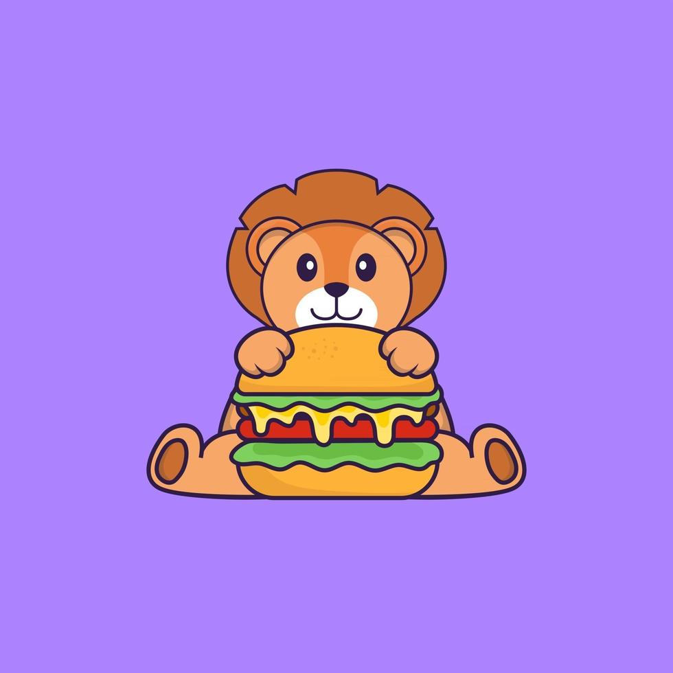 lindo león comiendo hamburguesa. aislado concepto de dibujos animados de animales. Puede utilizarse para camiseta, tarjeta de felicitación, tarjeta de invitación o mascota. estilo de dibujos animados plana vector