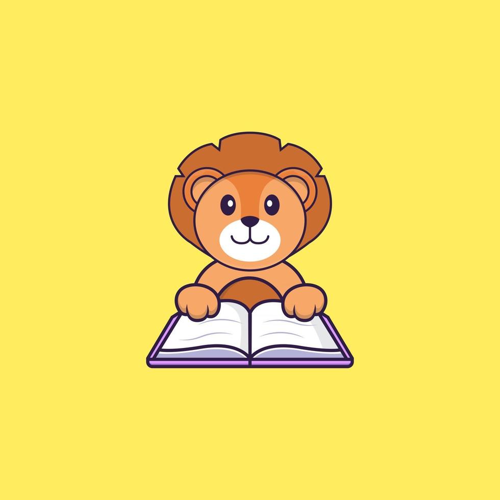 lindo león leyendo un libro. aislado concepto de dibujos animados de animales. Puede utilizarse para camiseta, tarjeta de felicitación, tarjeta de invitación o mascota. estilo de dibujos animados plana vector