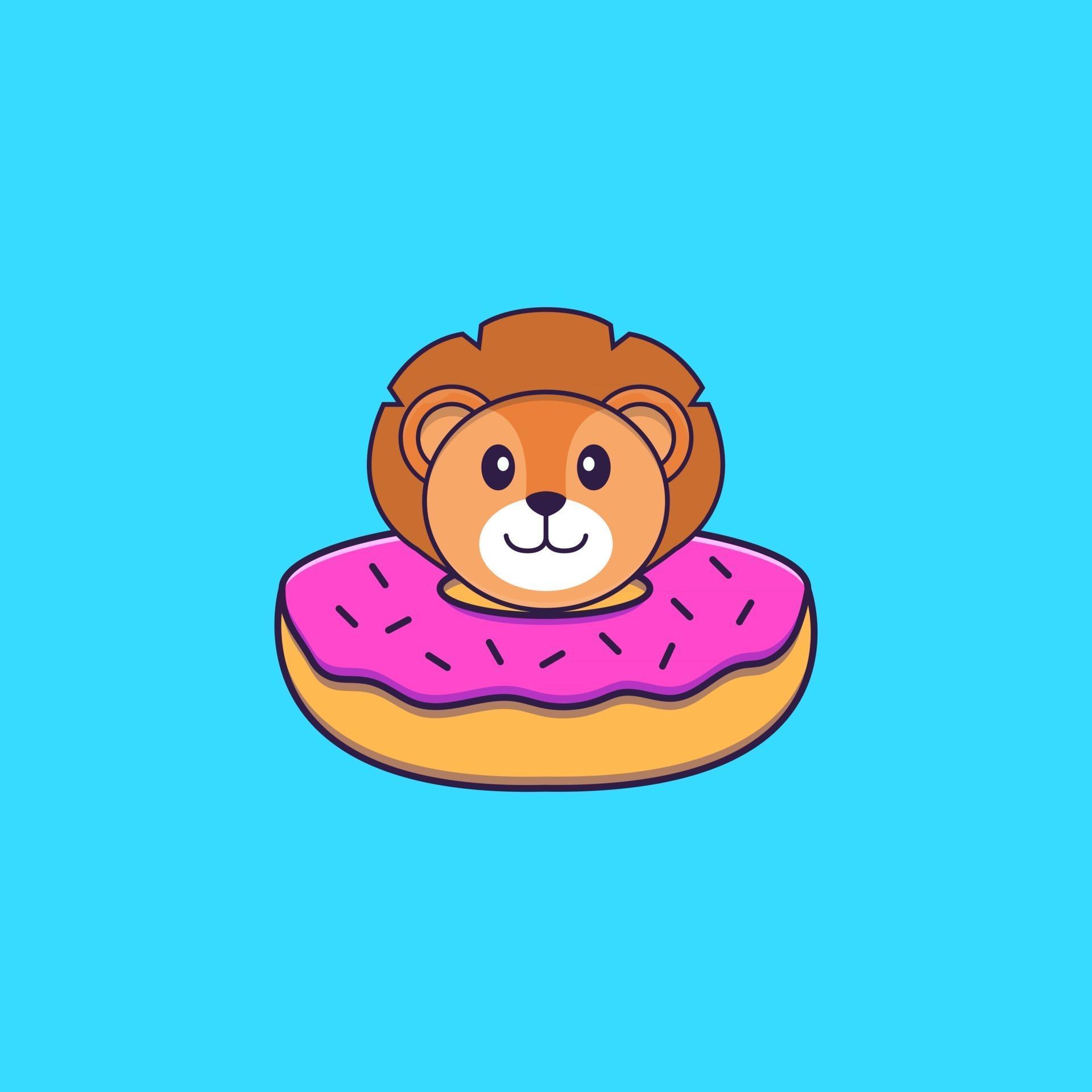 Cute lion with a donut on his neck. Animal cartoon concept isolated. Can used for t-shirt, greeting card, invitation card or mascot. Flat Cartoon Style vector