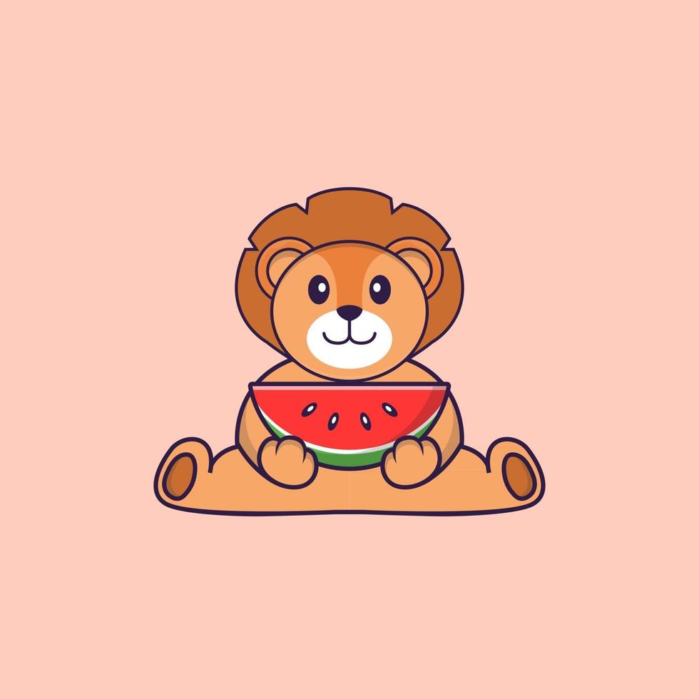 Cute lion eating watermelon. Animal cartoon concept isolated. Can used for t-shirt, greeting card, invitation card or mascot. Flat Cartoon Style vector