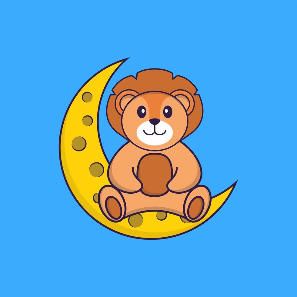 Cute lion is sitting on the moon. Animal cartoon concept isolated. Can used for t-shirt, greeting card, invitation card or mascot. Flat Cartoon Style vector