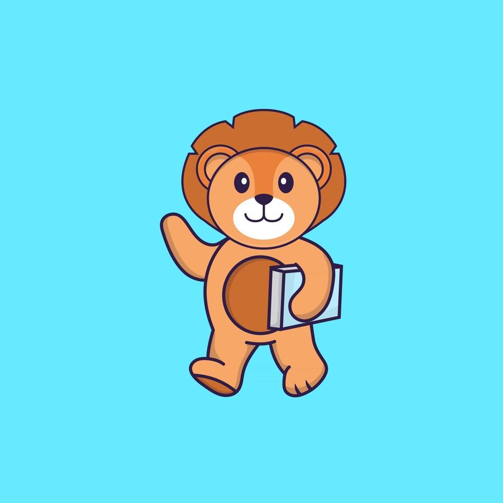 Cute lion holding a book. Animal cartoon concept isolated. Can used for t-shirt, greeting card, invitation card or mascot. Flat Cartoon Style vector