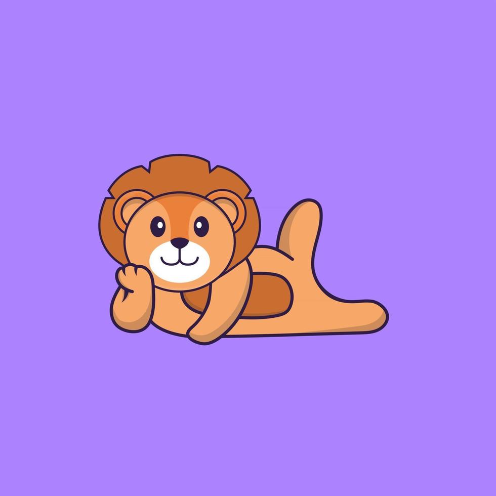 Cute lion lying down. Animal cartoon concept isolated. Can used for t-shirt, greeting card, invitation card or mascot. Flat Cartoon Style vector