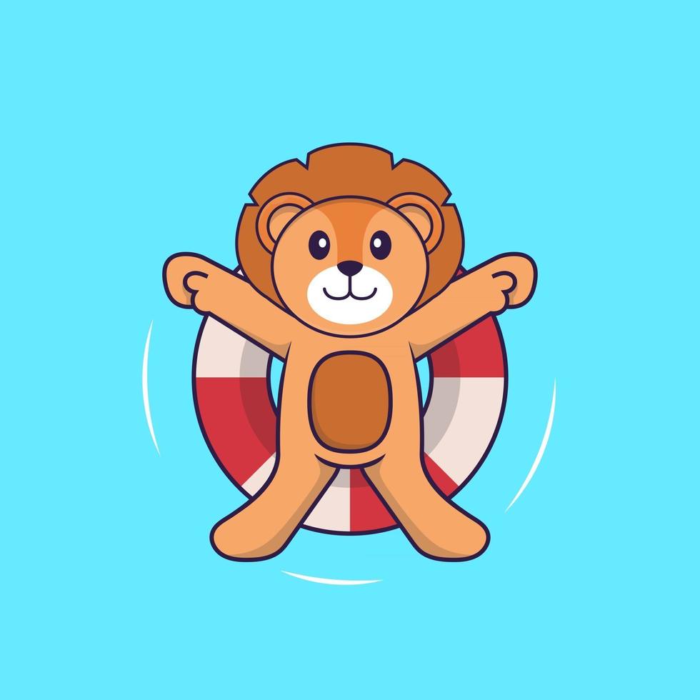 Cute lion is Swimming with a buoy. Animal cartoon concept isolated. Can used for t-shirt, greeting card, invitation card or mascot. Flat Cartoon Style vector