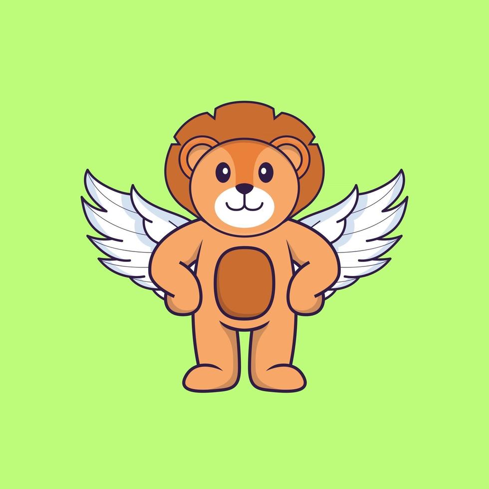 Cute lion using wings. Animal cartoon concept isolated. Can used for t-shirt, greeting card, invitation card or mascot. Flat Cartoon Style vector