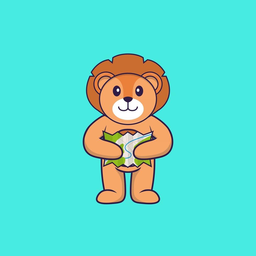 Cute lion holding a map. Animal cartoon concept isolated. Can used for t-shirt, greeting card, invitation card or mascot. Flat Cartoon Style vector