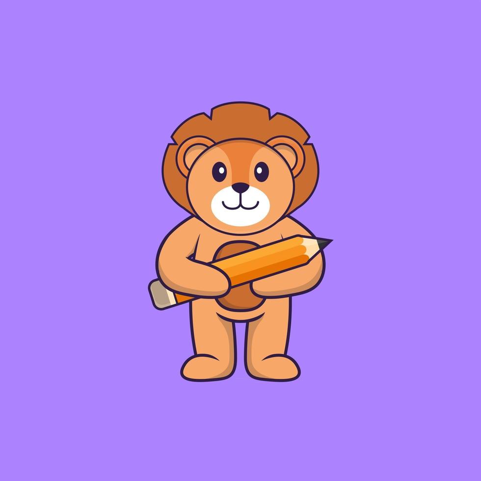 Cute lion holding a pencil. Animal cartoon concept isolated. Can used for t-shirt, greeting card, invitation card or mascot. Flat Cartoon Style vector