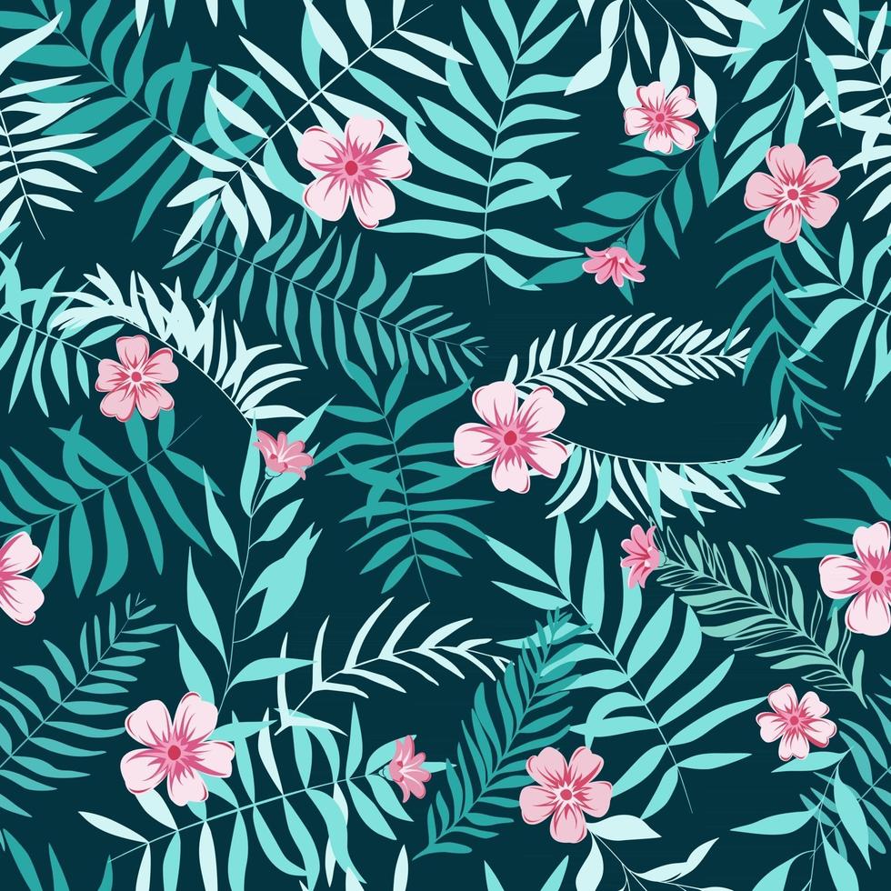 Seamless tropical leaves and pink flowers. Tropical background. Print for web, fabric and wrapping paper. vector