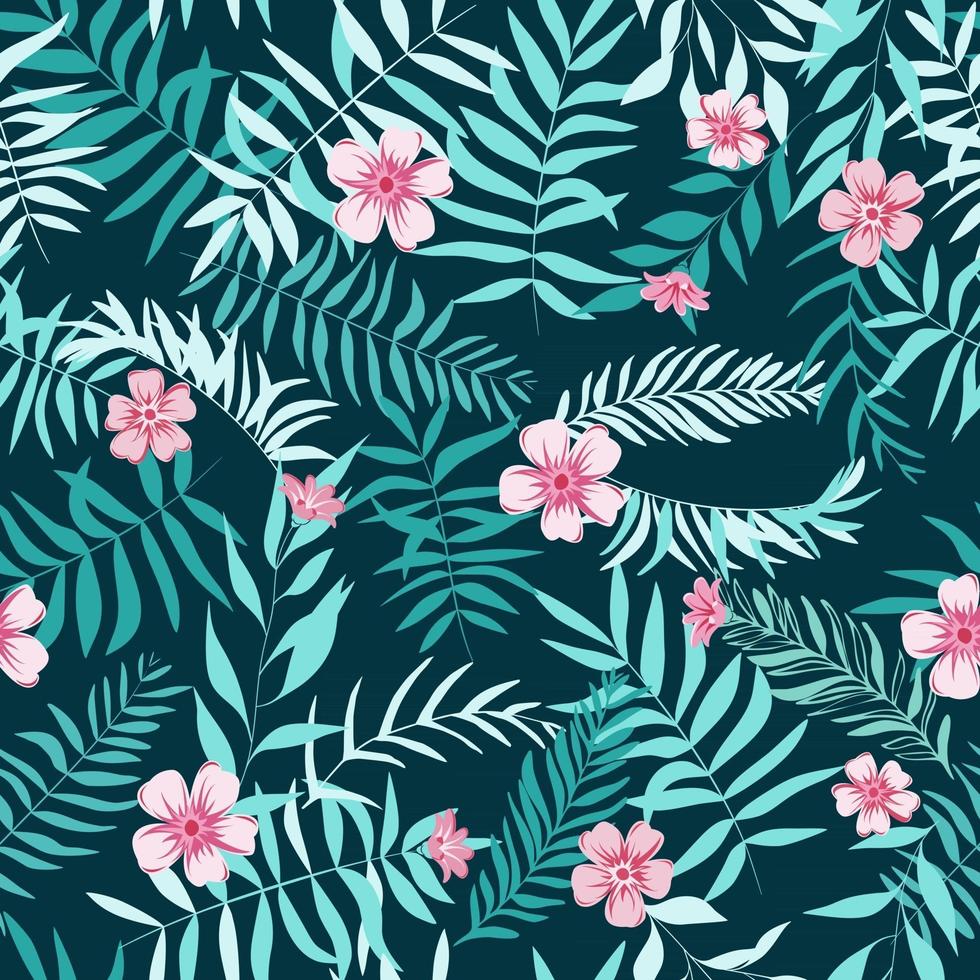 Seamless tropical leaves and pink flowers. Tropical background. Print for web, fabric and wrapping paper. vector