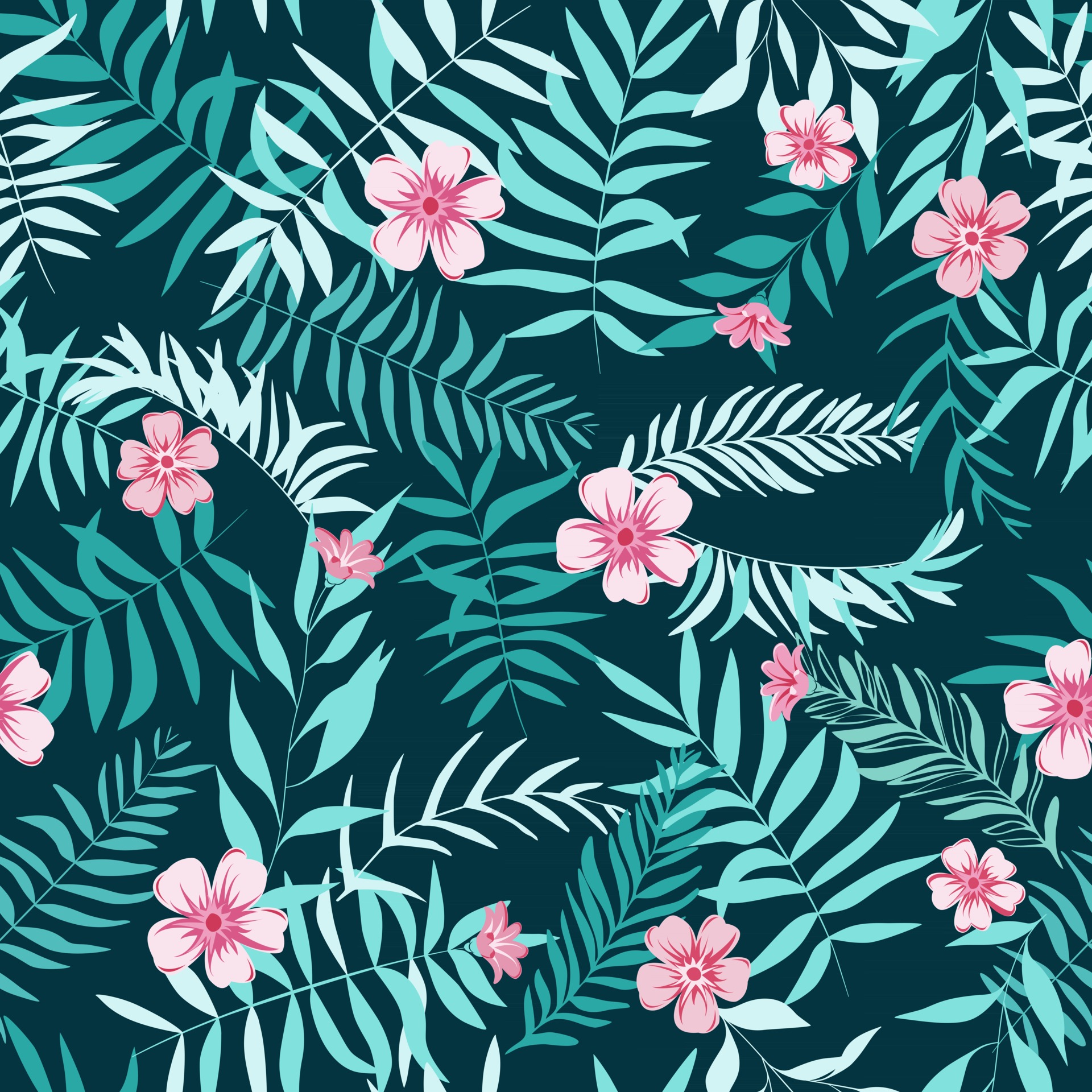 Seamless tropical leaves and pink flowers. Tropical background ...