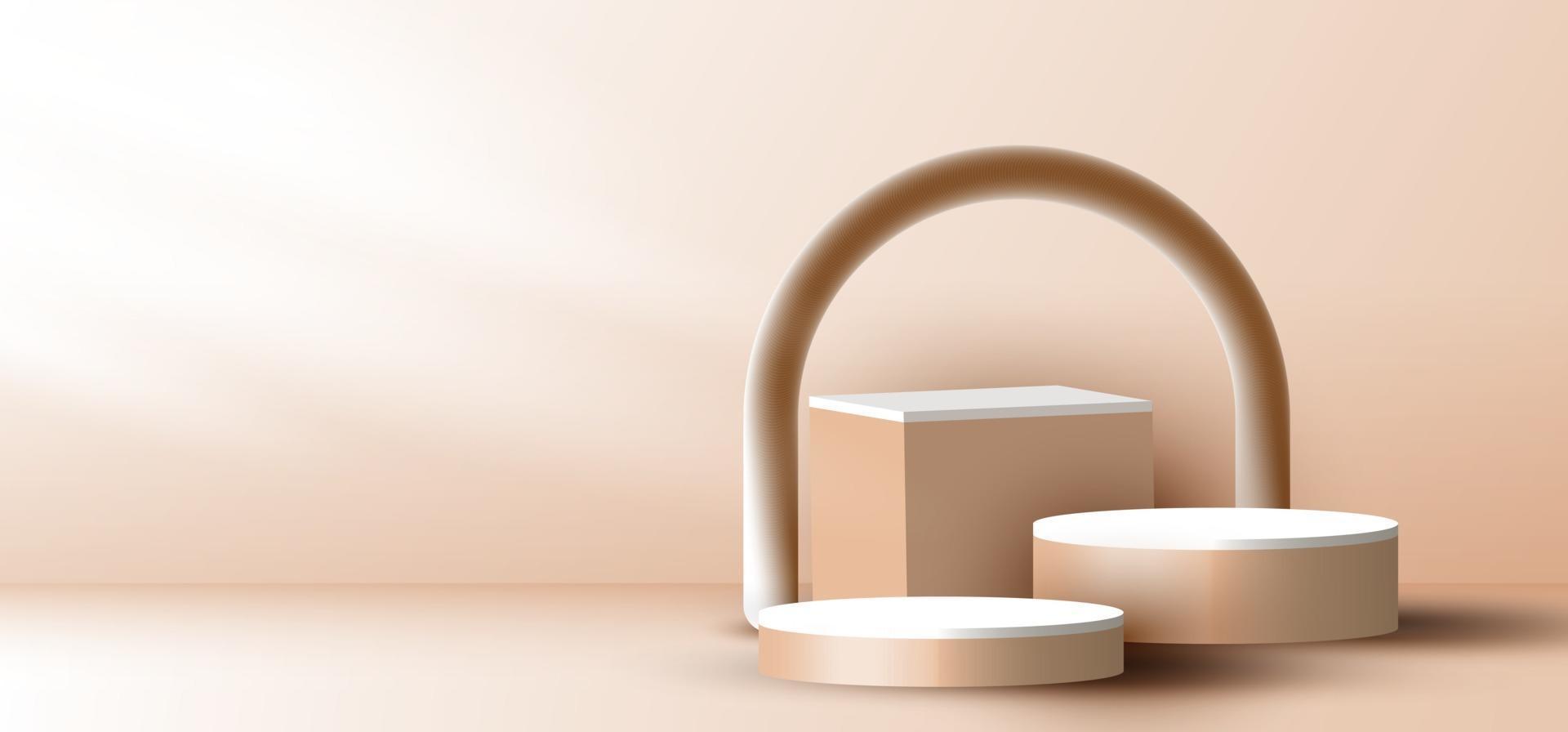 3D realistic elegant brown geometric cylinder, cube on layers rounded backdrop on beige background with lighting vector