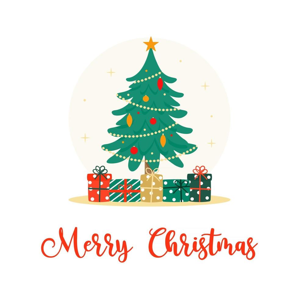 Decorated Christmas Tree and Presents Flat Vector Illustration