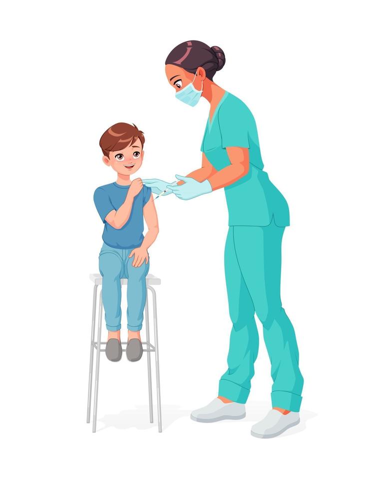 Enfermera en máscara vacunando ilustración de vector de niño joven