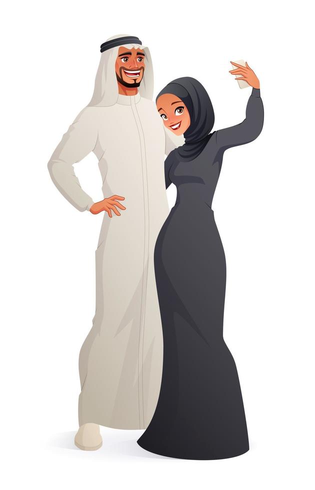 Happy Muslim couple taking selfie vector illustration