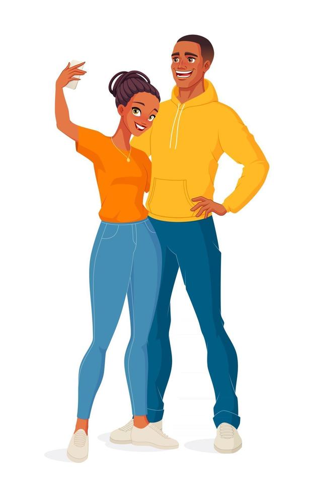 Black couple hugging each other and taking selfie vector illustration