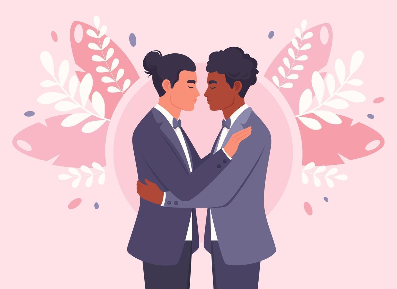 Gay couple hugging. LGBT wedding, pride concept. Multicultural couple vector