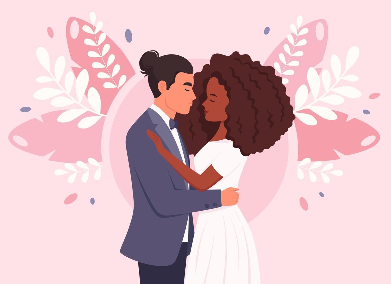 Basic Wedding couple. Man and black woman getting married, newlyweds. Wedding portrait. Multicultural family. vector