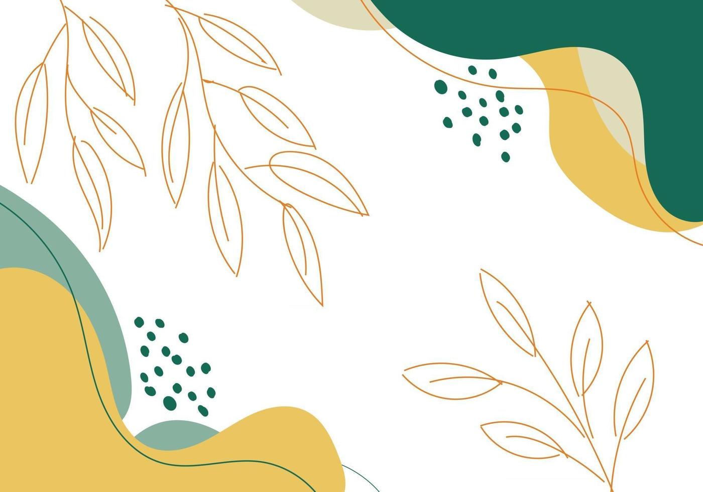 Abstract hand drawn green and yellow organic shape with leaves lines on white background. vector