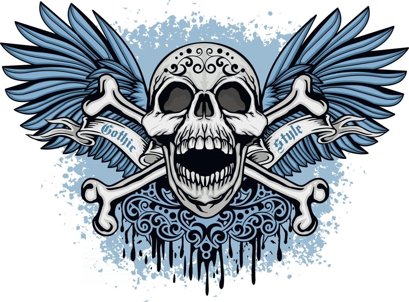 Gothic sign with skull and blue wings, grunge vintage design t shirts vector