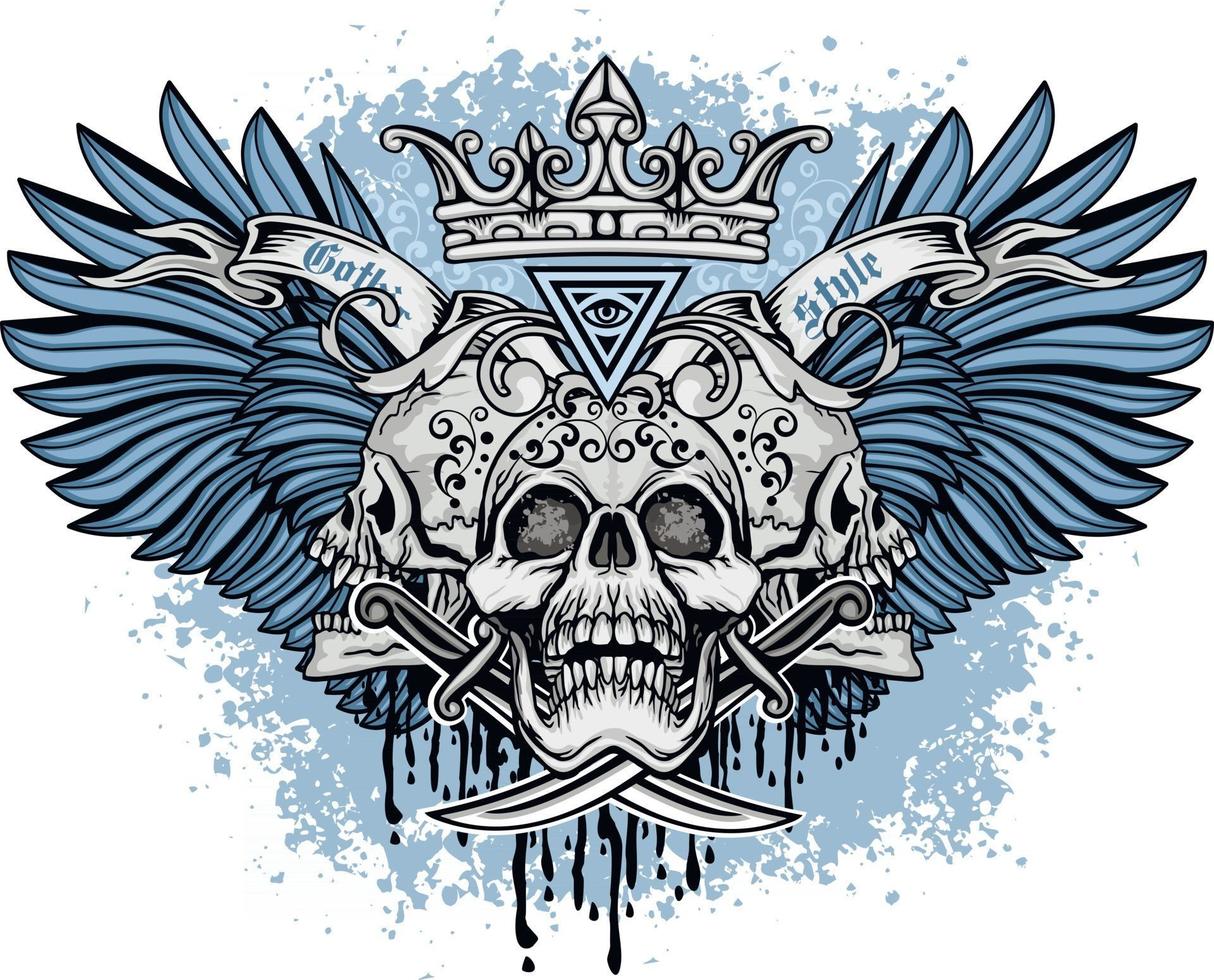 cartel gótico con calavera y alas azules, camisetas de diseño vintage grunge vector