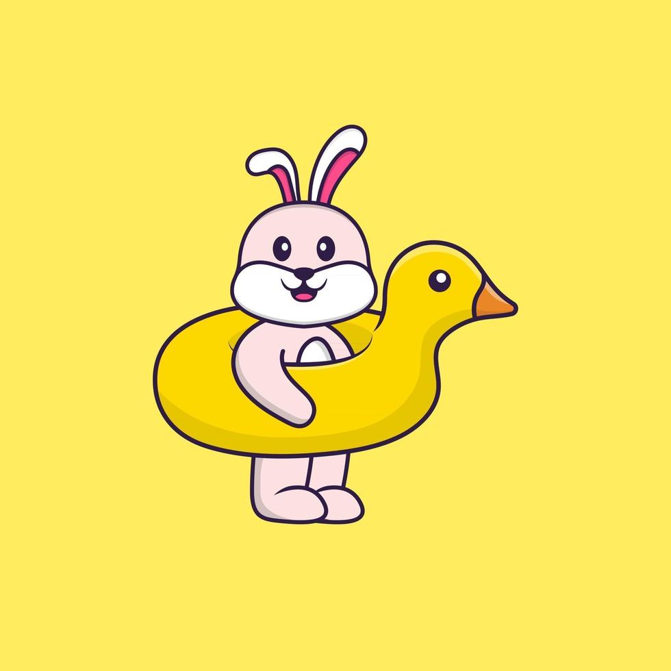 Cute rabbit With Duck buoy. Animal cartoon concept isolated. Can used for t-shirt, greeting card, invitation card or mascot. Flat Cartoon Style vector