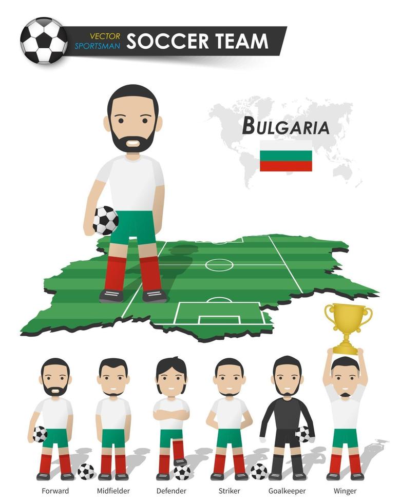 Bulgaria national soccer cup team . Football player with sports jersey stand on perspective field country map and world map . Set of footballer positions . Cartoon character flat design . Vector .