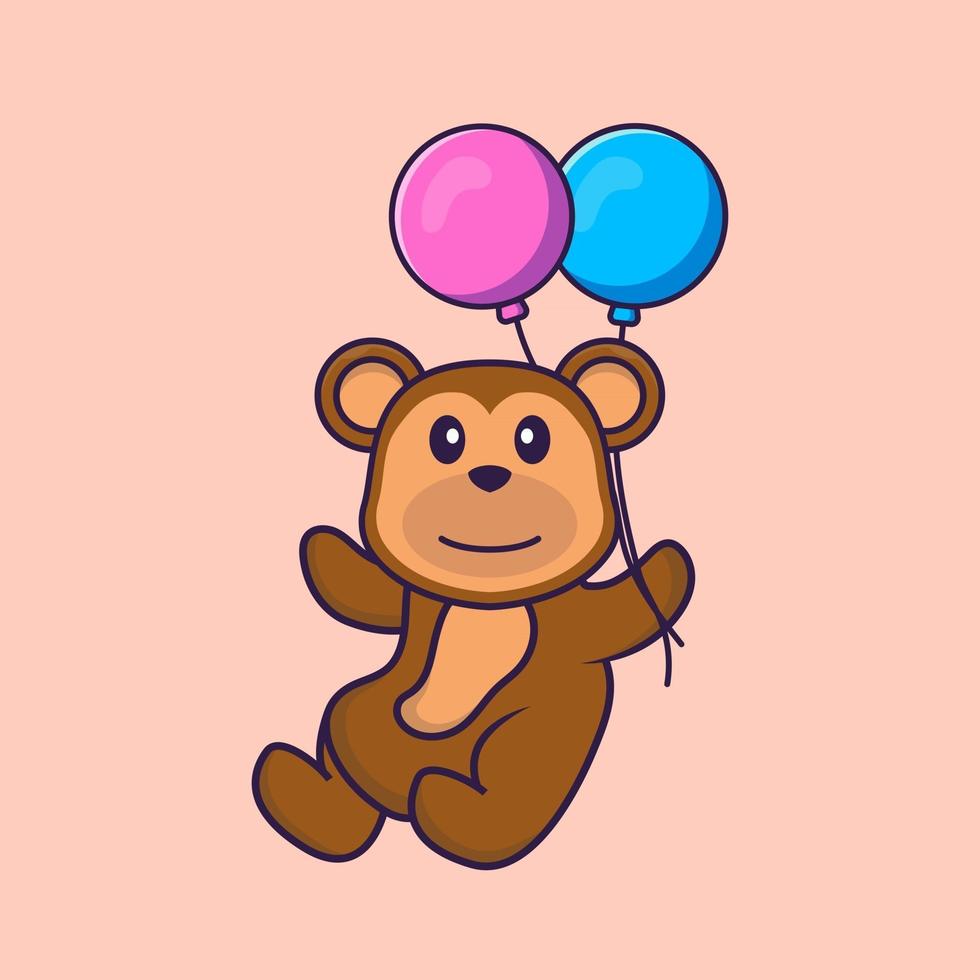 Cute monkey flying with two balloons. Animal cartoon concept isolated. Can used for t-shirt, greeting card, invitation card or mascot. Flat Cartoon Style vector