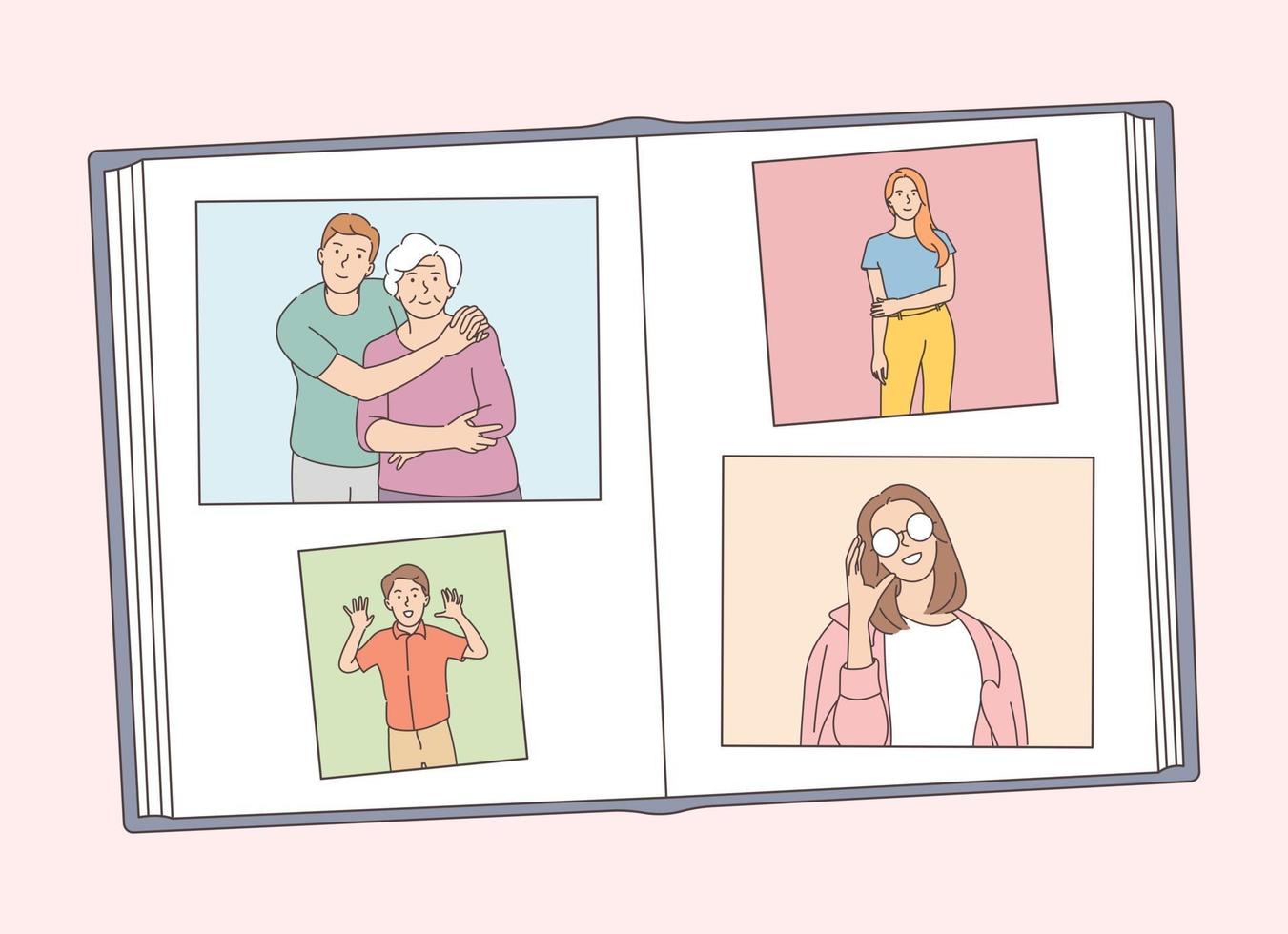 Family photography archive with family members. Photo album, attaching and arranging photographs and memory notes. Creation of book with pictures vector