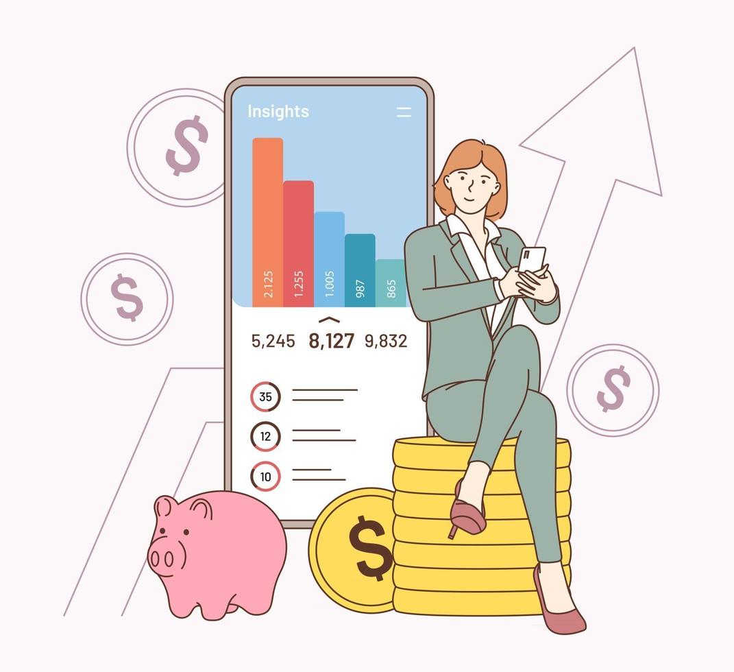 Finance strategy, working, business analyse app. Young smiling businesswoman cartoon character sitting and calculating incomes expenditure analyzing investment data statistics. vector