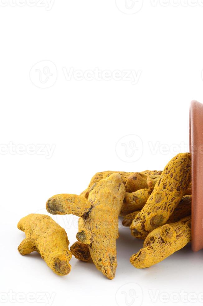 Dry Turmeric roots or barks isolated on white background photo