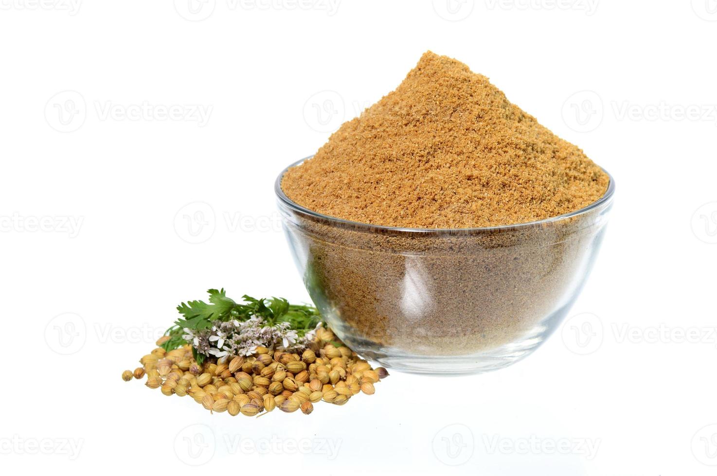 Coriander seeds, Fresh Coriander and Powdered coriander isolated on white background. photo