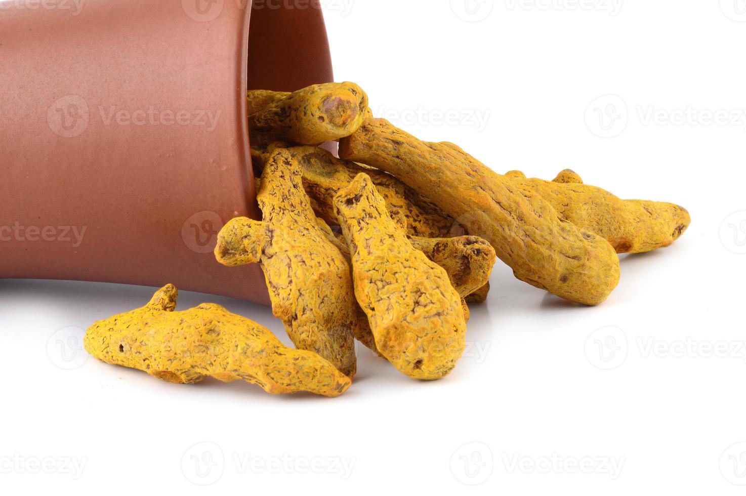 Dry Turmeric roots or barks in clay pot isolated on white background photo