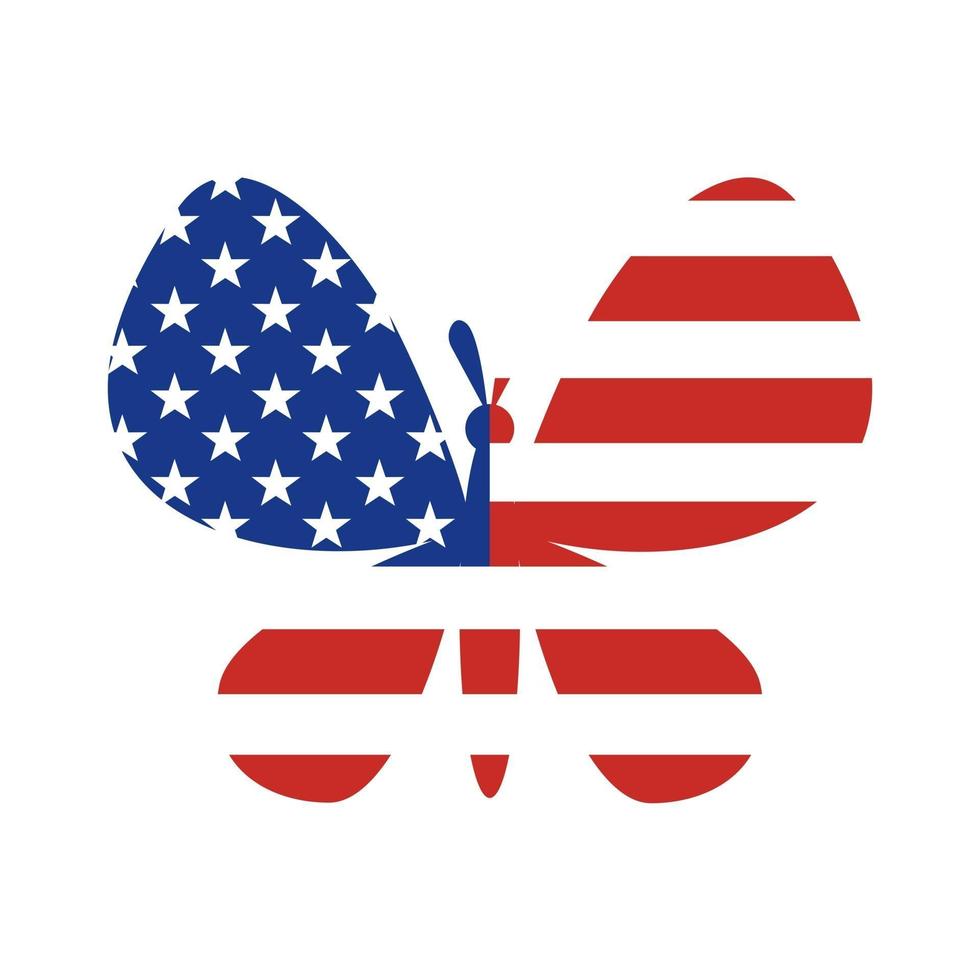 USA independence day poster. Colorful butterfly in the colors of american flag  isolated on white background. Vector flat illustration. Design for banner, poster, greeting card, flyer