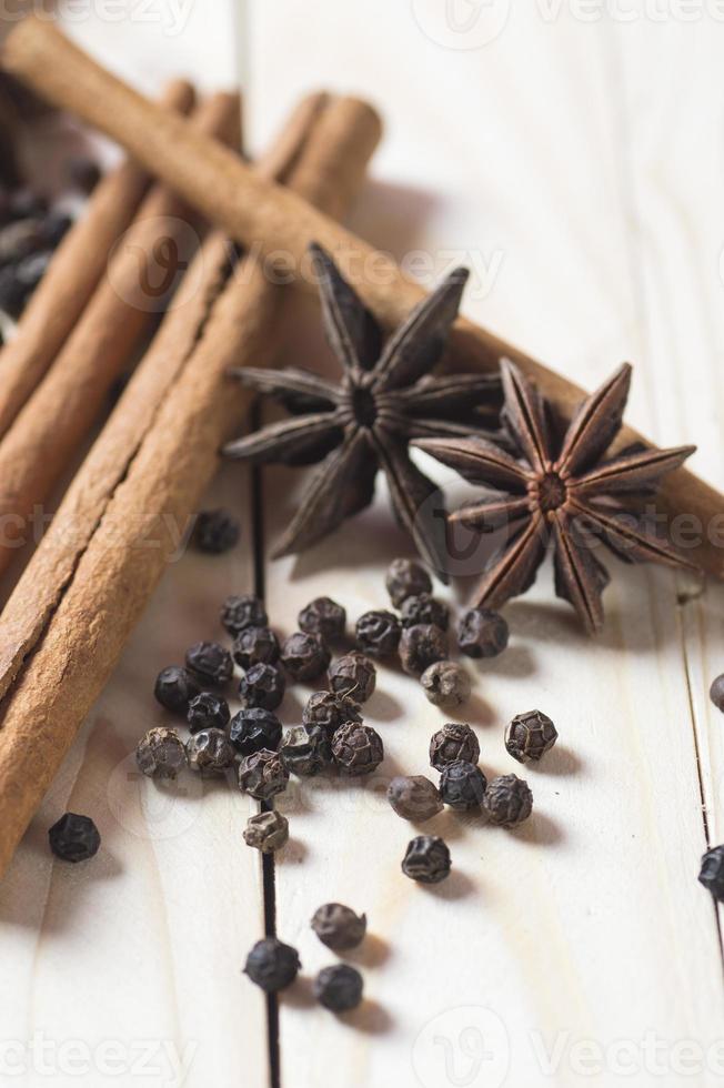 Spices and herbs. Food and cuisine ingredients. Cinnamon sticks, anise stars and black peppercorns on a wooden background. photo