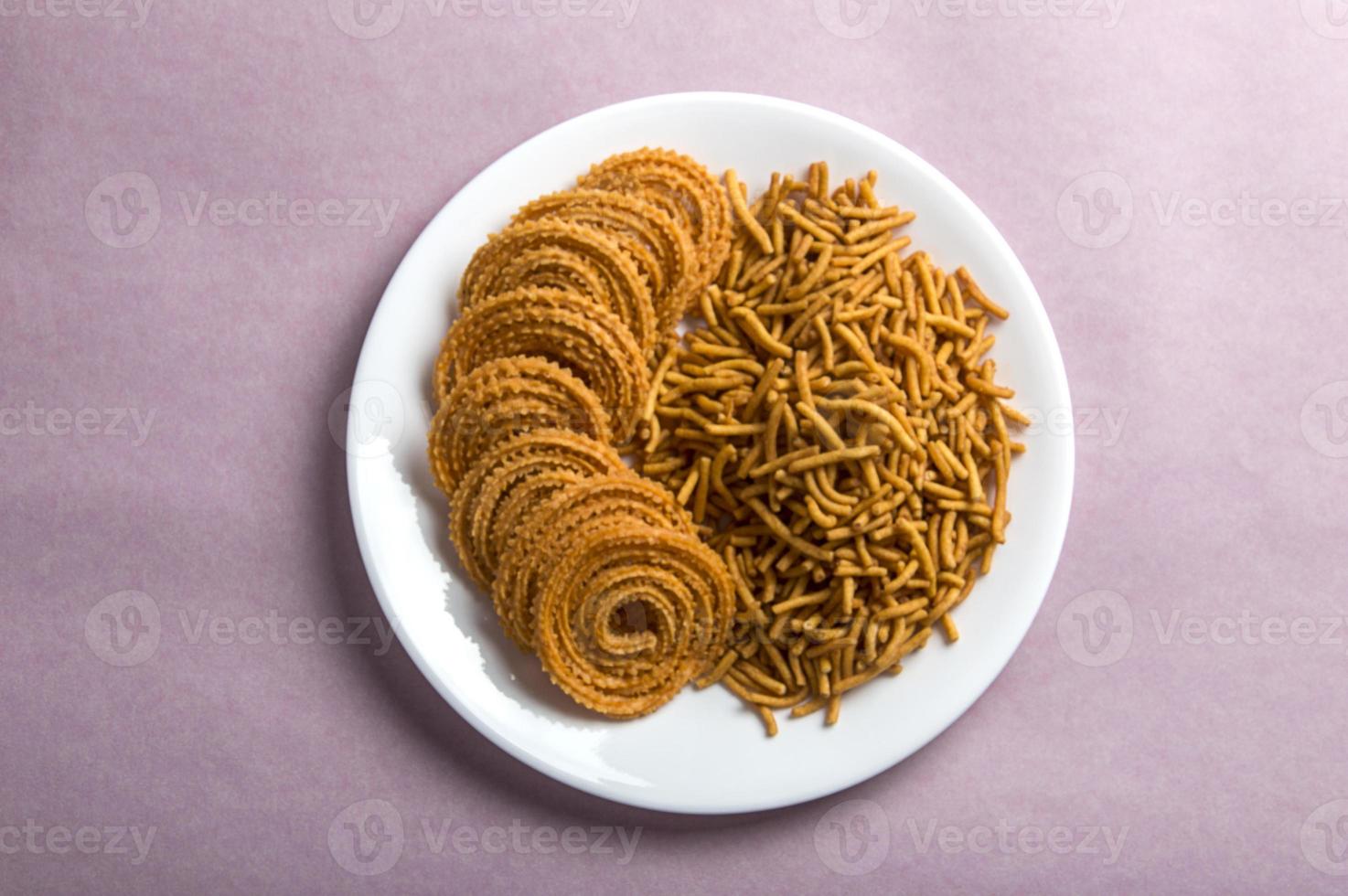 Indian Snack  Besan Gram flour Sev and chakli, chakali or Murukku. photo