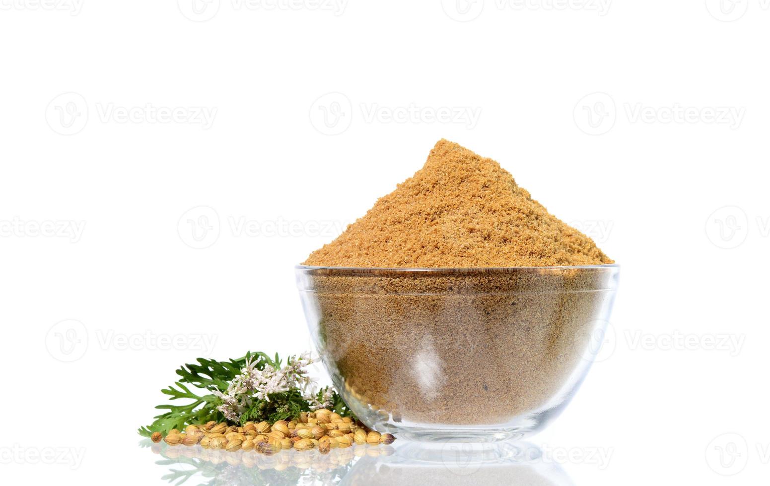 Coriander seeds, Fresh Coriander and Powdered coriander isolated on white background. photo