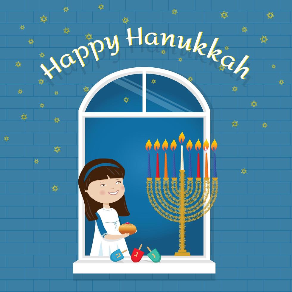 Feliz tarjeta de felicitación de Hanukkah chica de fiesta judía en la ventana con símbolos tradicionales vector