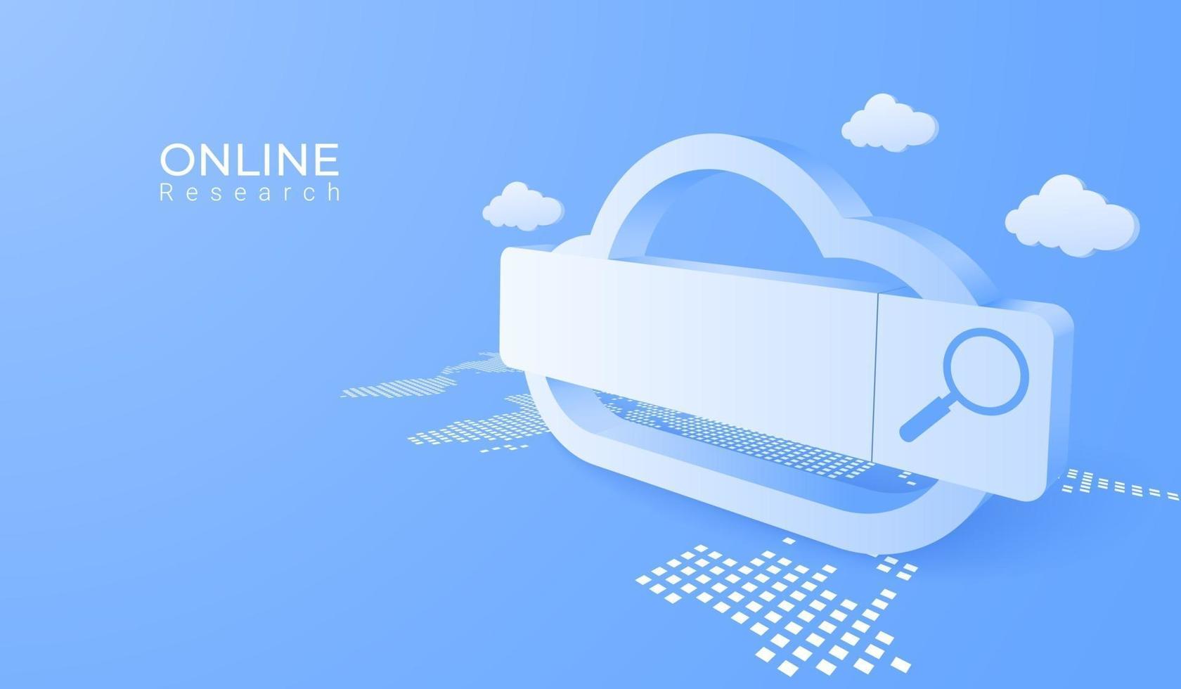 3D digital cloud computing technology background. Online searching service with magnifier. vector art illustration