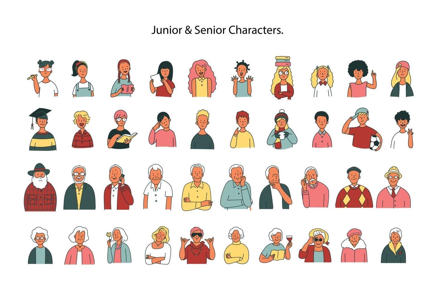 Collection of young children and old people upper body characters. vector