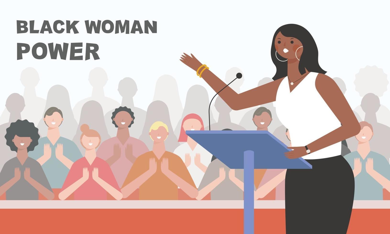 Black female character giving a lecture on stage and clapping audience. vector