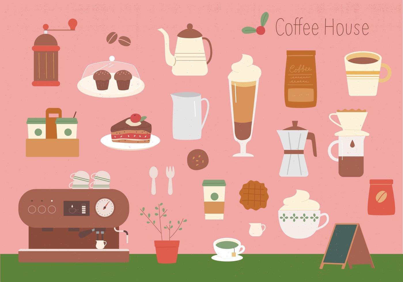 A collection of drinks and objects in the cafe. vector